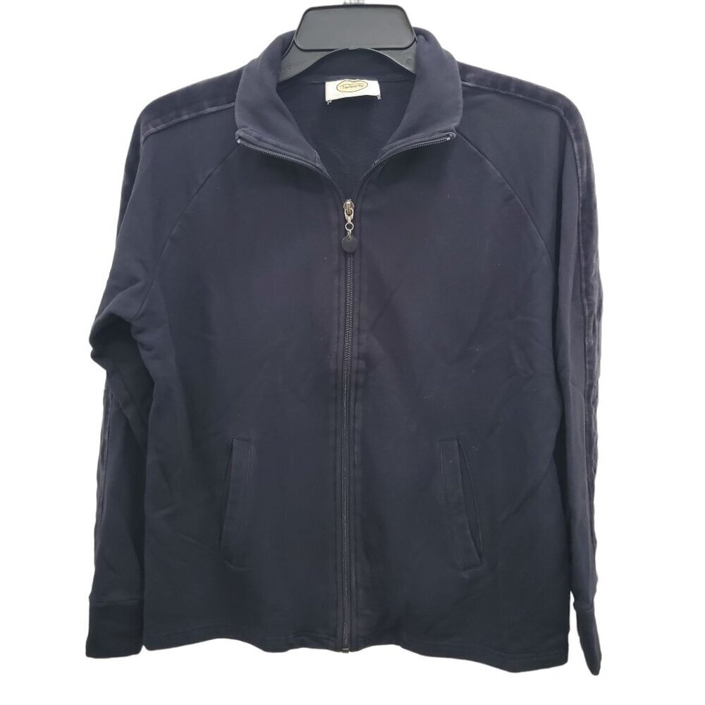 Talbots‎ Women's Vintage Navy Velour Stripe Zip Front Mock Neck Knit Jacket Sz L